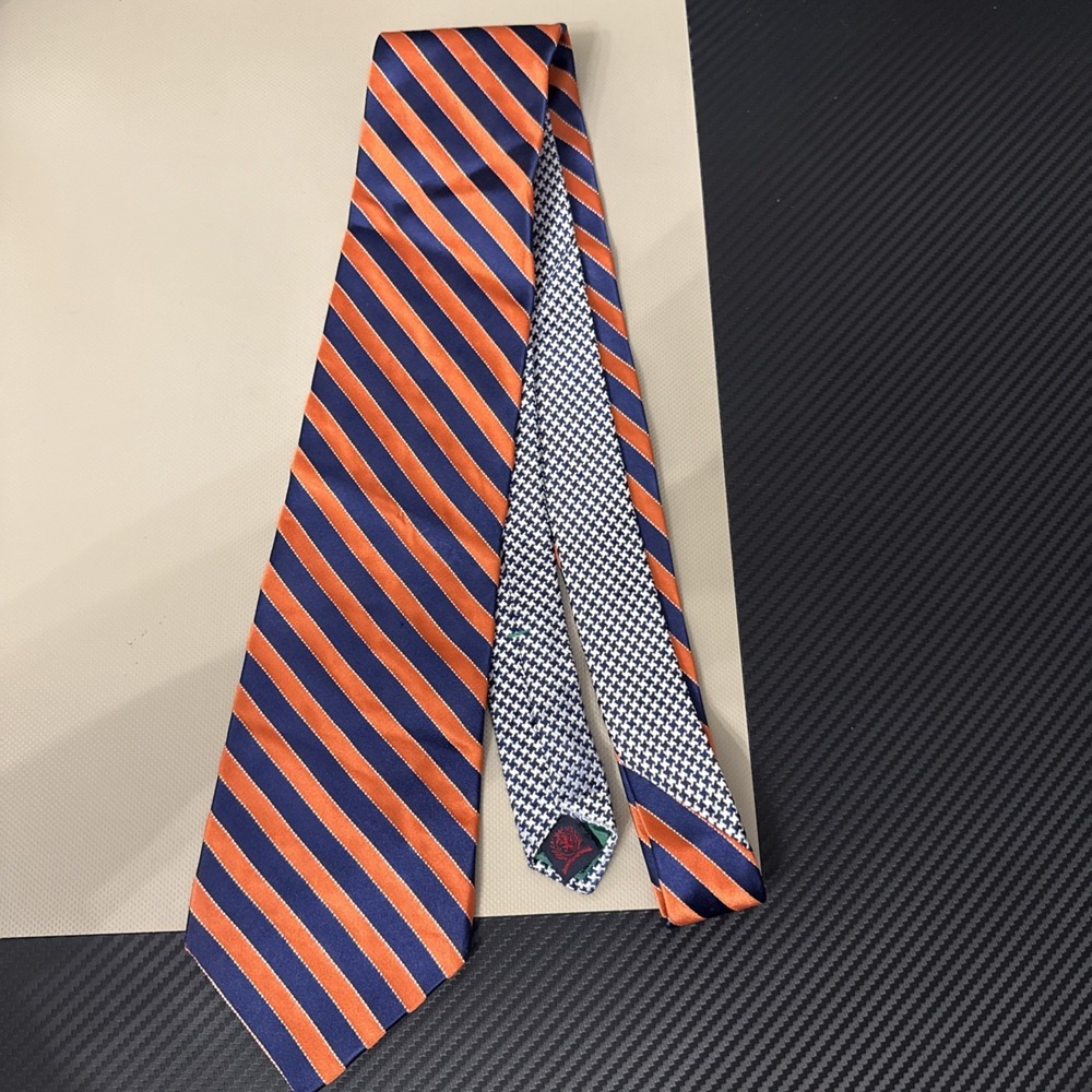 Tommy Hilfiger Tie Mens Orange Blue Striped 100% Silk Necktie Made In USA 58"